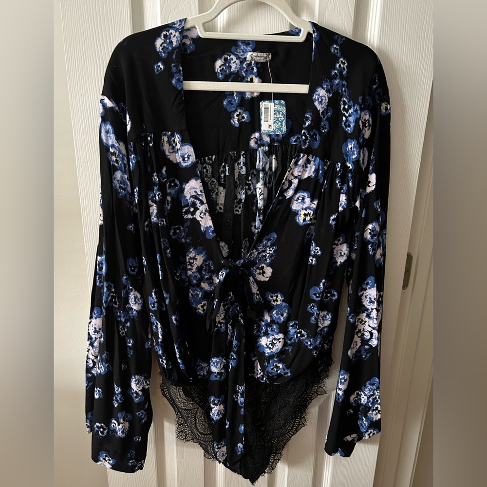 Free People Black and Blue Floral Bodysuit